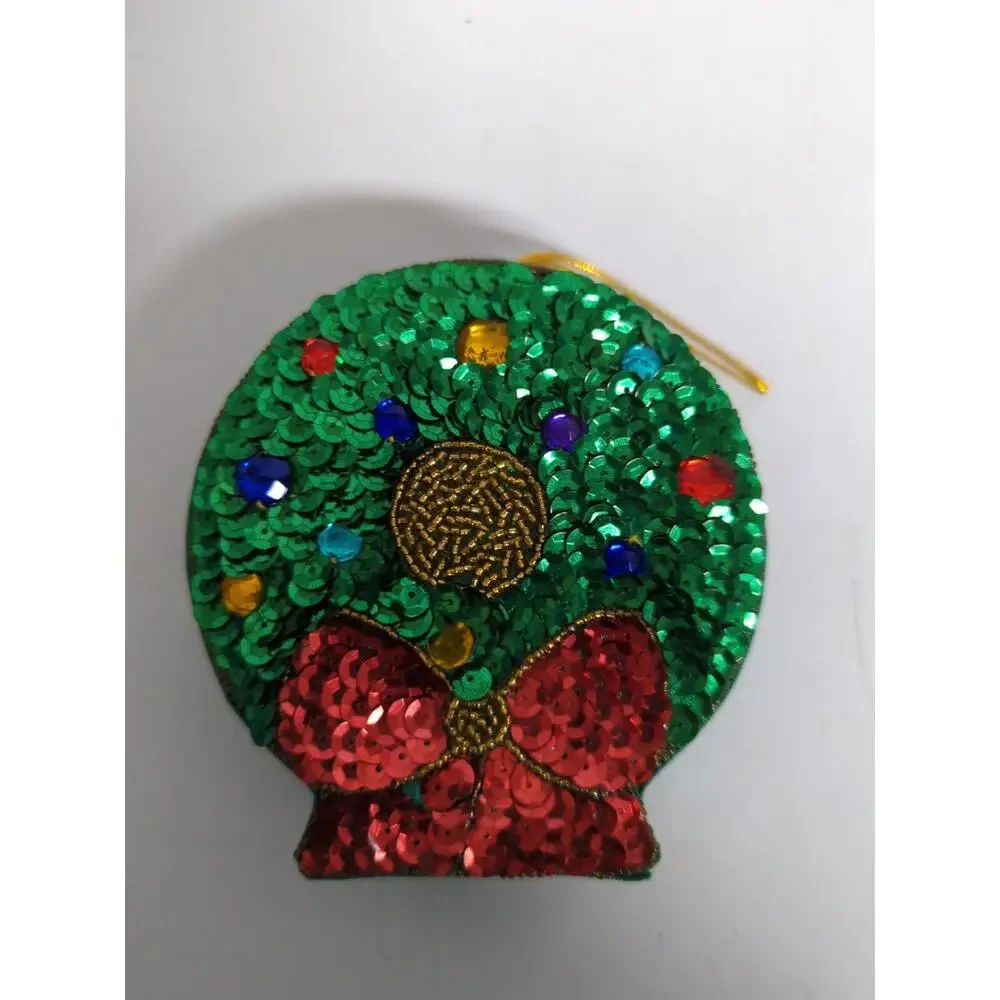 Vtg 4” Christmas Wreath Green Sequin Bead Trinket Box Ornament